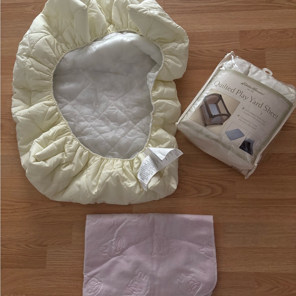 2 Quilted play yard sheets and one mattress protector